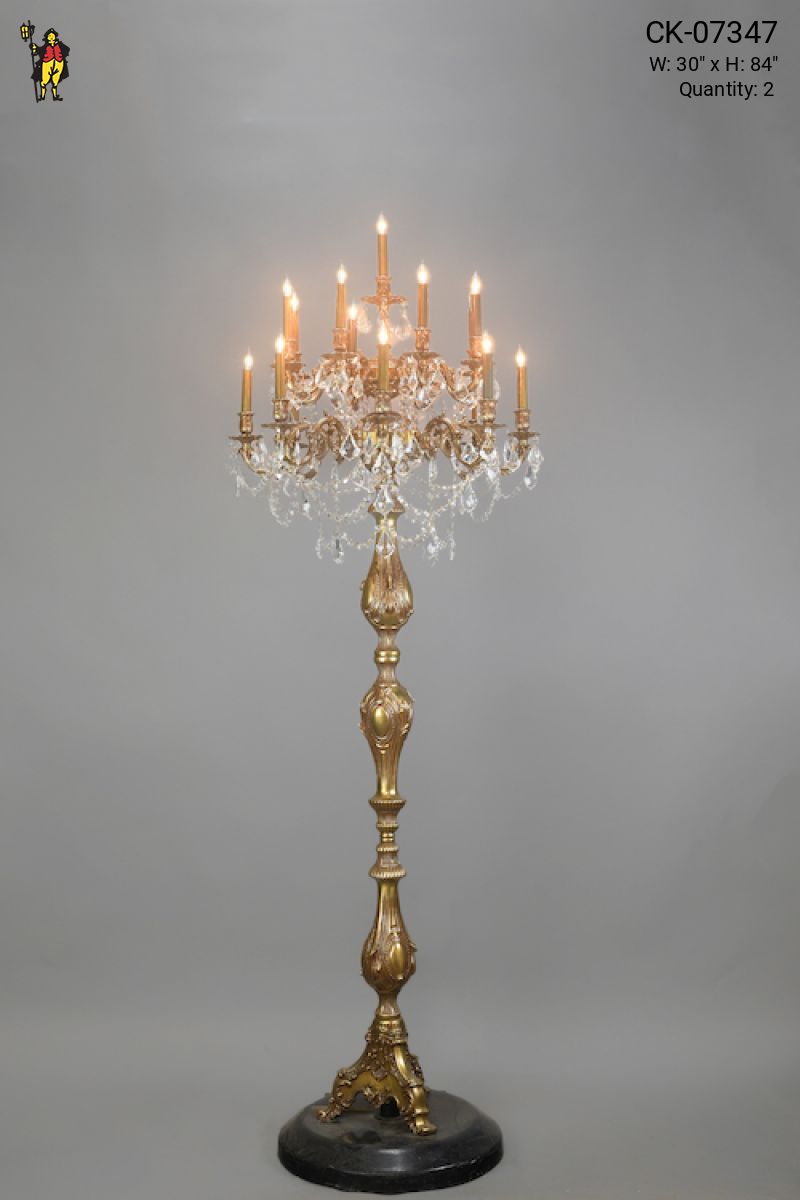Seventeen Light Brass Standing Candelabra w Crystal Drops Floor Lamps Collection City Knickerbocker Lighting Rentals