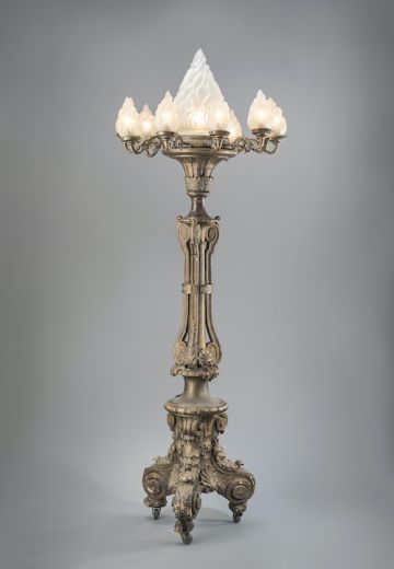 Large Brass Floor Lamp w/Flame Glass Shades
