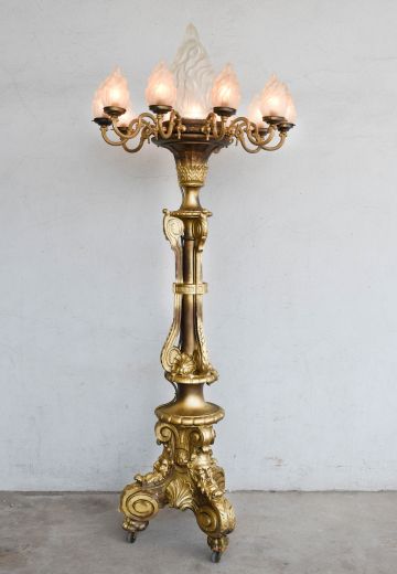 Large Brass Floor Lamp w/Flame Glass Shades