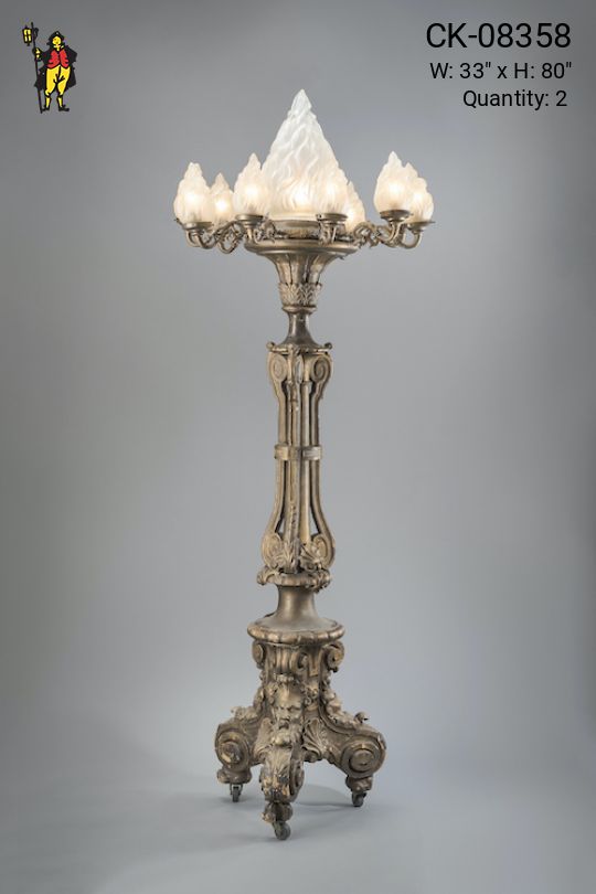 Large Brass Floor Lamp w/Flame Glass Shades