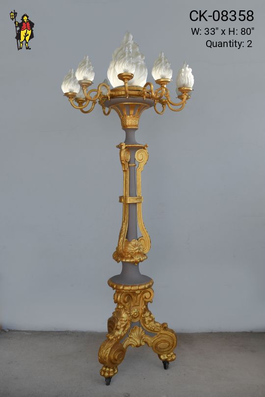 Large Brass Floor Lamp w/Flame Glass Shades