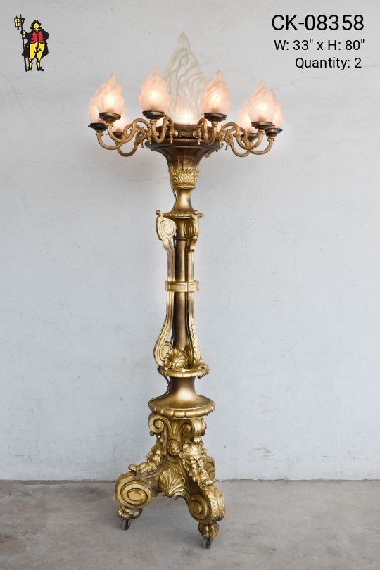 Large Brass Floor Lamp w/Flame Glass Shades