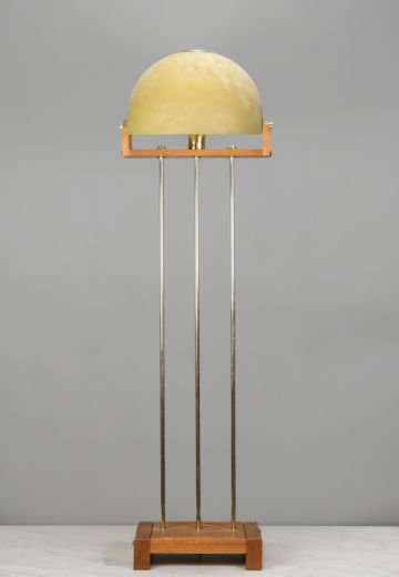 Mid Century Wooden Chrome Adjustable Head Floor Lamp w/Fiberglass Shade