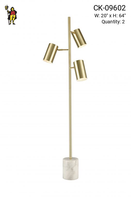 White Marble Base Three Light Brass Floor Lamp