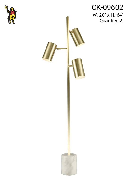 White Marble Base Three Light Brass Floor Lamp