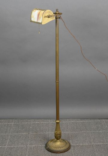 Brass Column Slag Glass Shaded Reading Floor Lamp