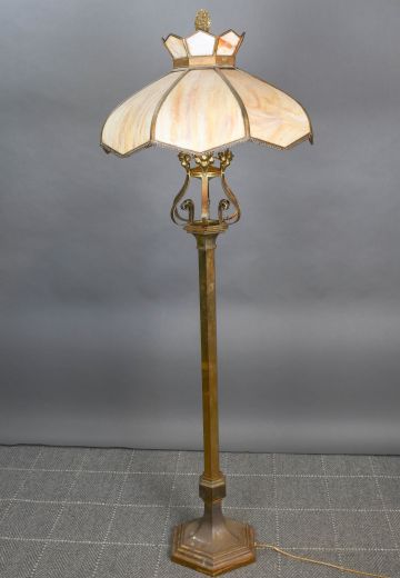 Slag Glass Shaded Standing Brass Floor Lamp