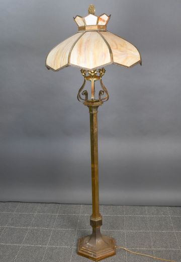 Slag Glass Shaded Standing Brass Floor Lamp (One Shade Panel Repaired)