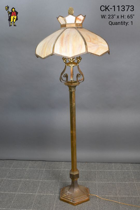 Slag Glass Shaded Standing Brass Floor Lamp (One Shade Panel Repaired)
