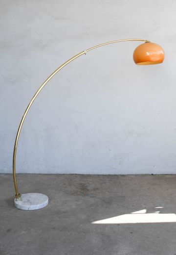 Marble Based Brass Arc Floor Lamp w/Amber Glass Shade