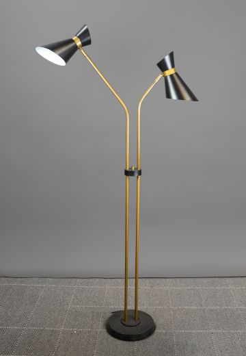 Mid Century Modern Black & Brass Two Light Directional Floor Lamp