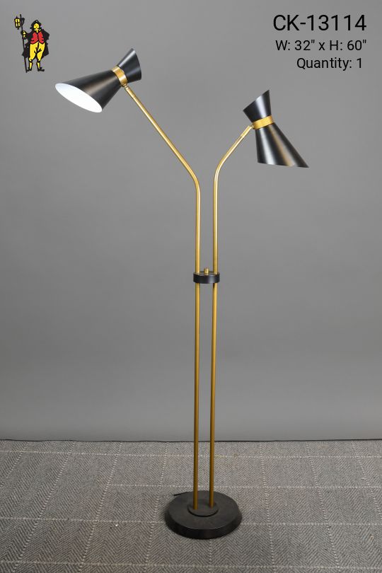 Mid Century Modern Black & Brass Two Light Directional Floor Lamp