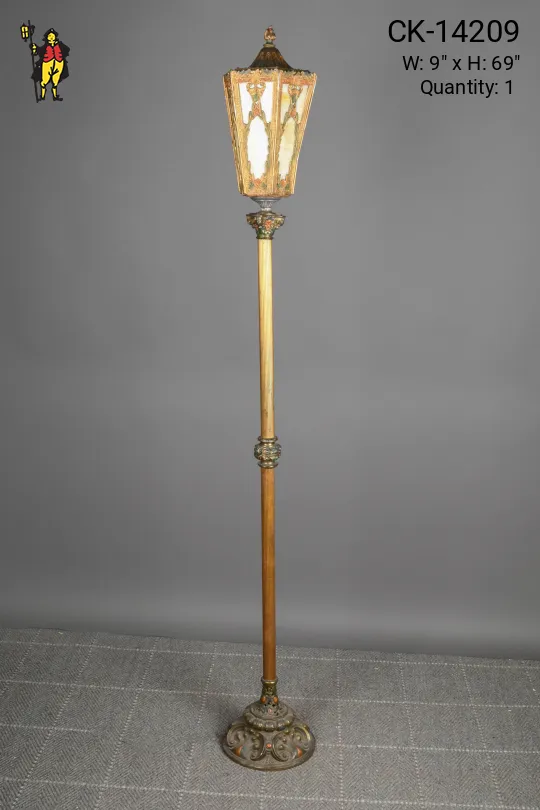 Antique Brass Standing Lantern w/Slag Glass