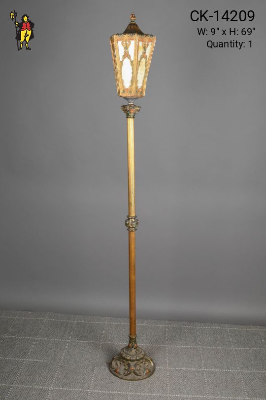 Antique Brass Standing Lantern w/Slag Glass