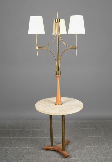 Mid Century Wooden & Brass Three Light Floor Lamp w/Marble Finished Table