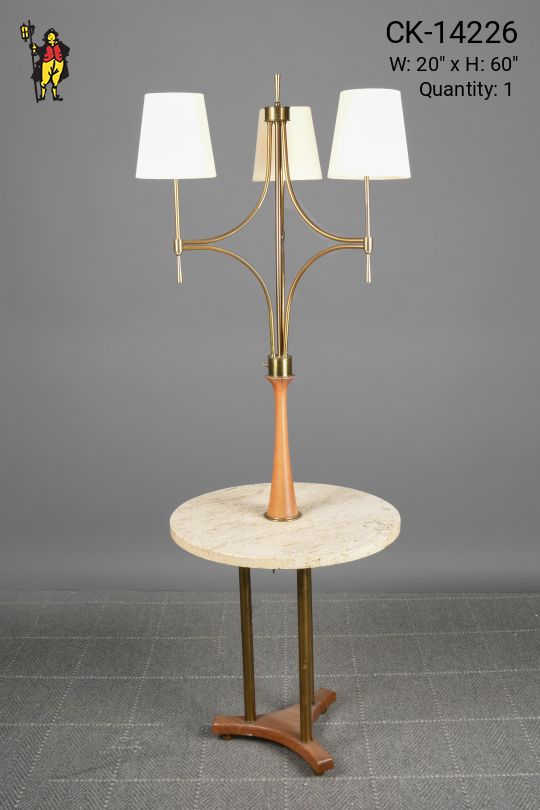 Mid Century Wooden & Brass Three Light Floor Lamp w/Marble Finished Table