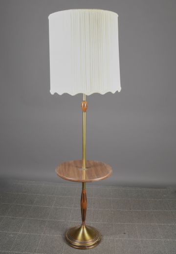Brass & Wooden Mid Century Floor Lamp w/Wooden Table