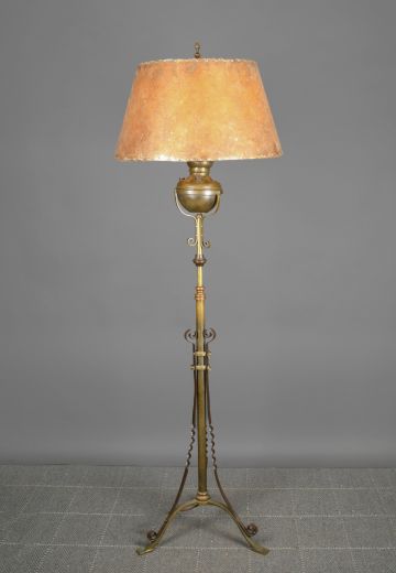 Victorian Three Leg Antique Brass Floor Lamp w/Mica Shade