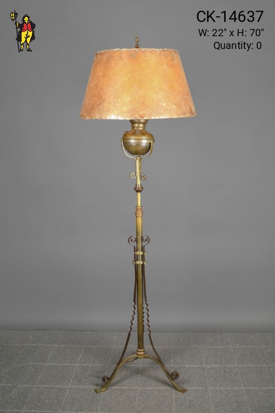 Victorian Three Leg Antique Brass Floor Lamp w/Mica Shade