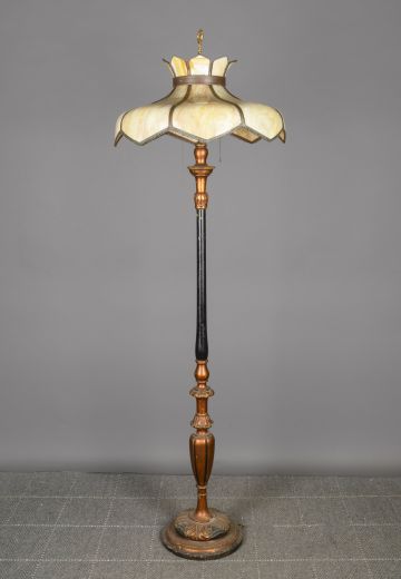 Painted Art Glass Shaded Floor Lamp (One Shade Panel Repaired)