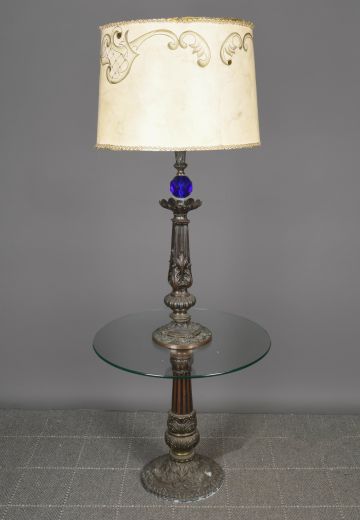 Bronze Art Deco Floor Lamp w/Clear Glass Table