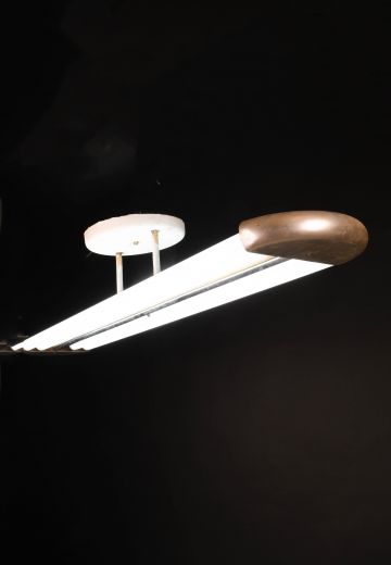 4' Nickel Rounded "Space Age" Four Exposed Bulb Fluorescent (Available to Hang From Stems or Chain)