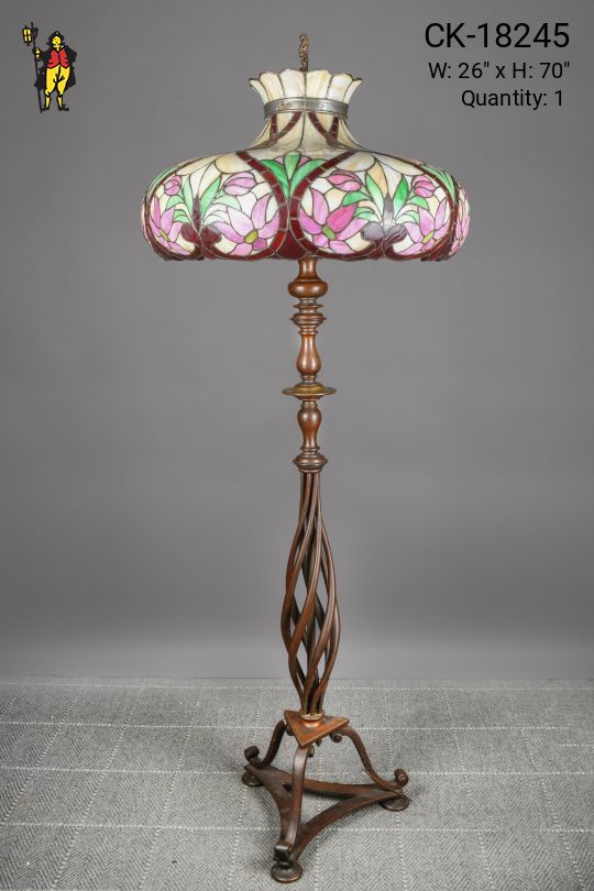 Bronze "Swirl" Floor Lamp w/Oversize Floral Art Glass Shade