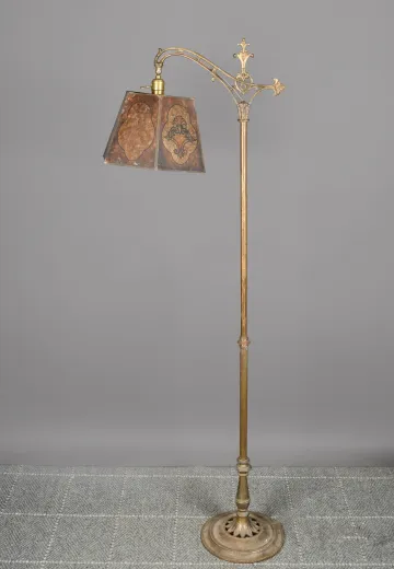 Antique Brass Bridge Floor Lamp w/Mica Shade