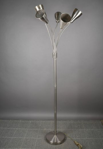 Nickel Five Light Gooseneck Floor Lamp w/Pierced Metal Reflectors