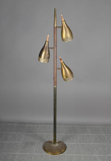 Wood & Brass Three Light Distressed Directional Floor Lamp