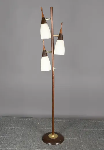 Wood Three Light Directional Mid Century Floor Lamp w/Brown & Brass Base