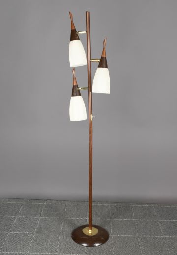 Wood Three Light Directional Mid Century Floor Lamp w/Brown & Brass Base