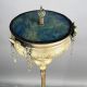 Antique Brass Floor Lamp w/Blue Slag Glass Flat Shade Top #0