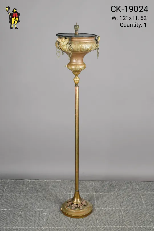 Antique Brass Floor Lamp w/Blue Slag Glass Flat Shade Top