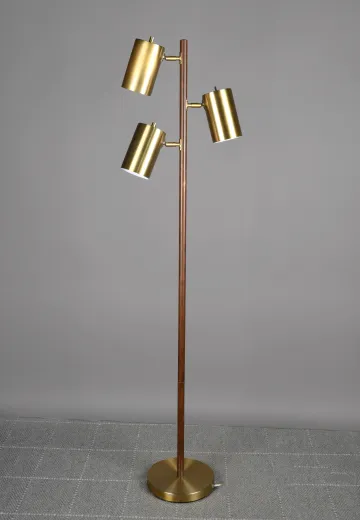 Wooden & Brass Three Light Directional Floor Lamp