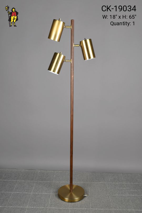 Wooden & Brass Three Light Directional Floor Lamp