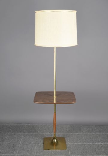 Brass Mid Century Floor Lamp w/Square Wooden Table