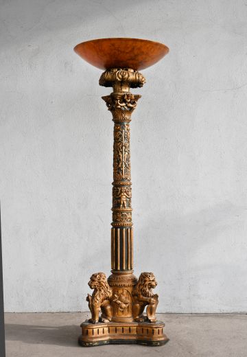 Black & Gold Painted Wooden Carved Torchiere (Also Available w/Glass Globe Shade - See Picture)