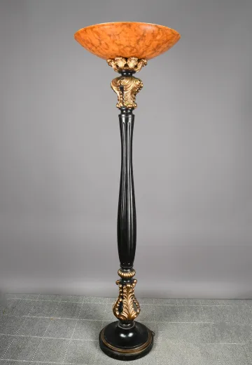 Ornate Black & Brass Wooden Torchiere
