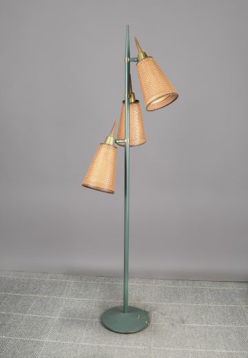 Green Three Light Woven Shaded Mid Century Floor Lamp