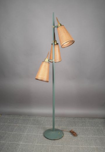 Green Three Light Woven Shaded Mid Century Floor Lamp