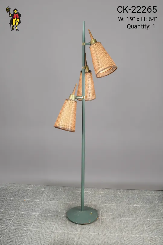 Green Three Light Woven Shaded Mid Century Floor Lamp