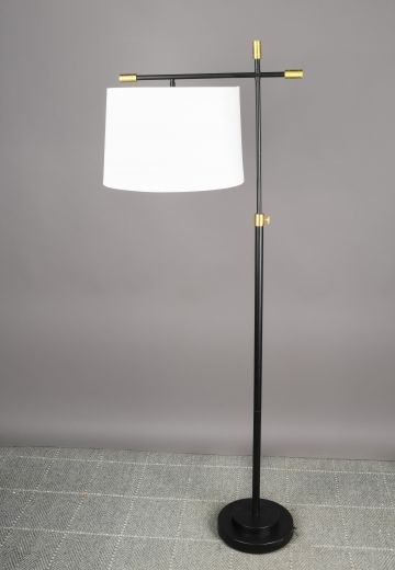 Black & Brass Fabric Shaded Modern Bridge Style Floor Lamp
