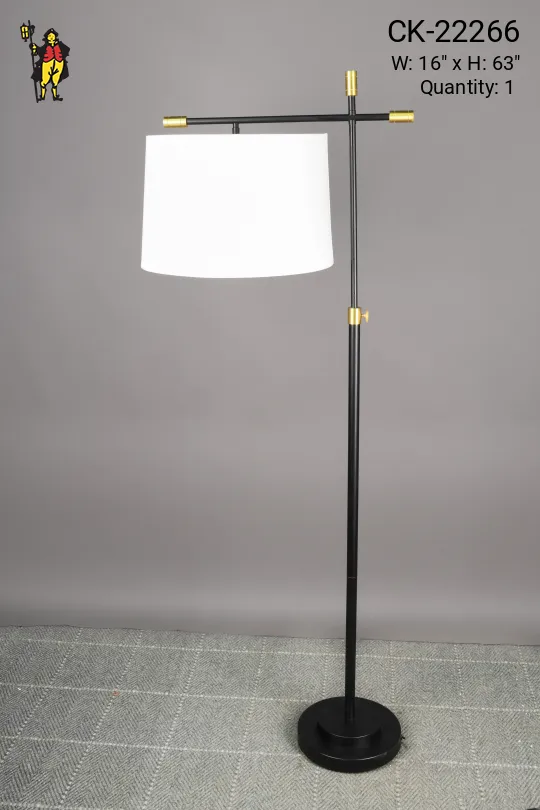 Black & Brass Fabric Shaded Modern Bridge Style Floor Lamp