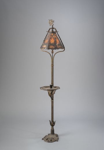 Antique Brass Floor Lamp w/Table & Cigarette Lighter