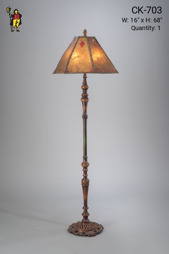 Wooden Floor Lamp w/Etched Amber Mica Lampshade