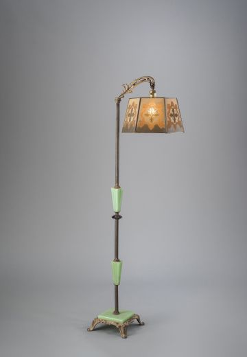Brass & Jadalite Bridge Floor Lamp w/Amber Mica Lampshade
