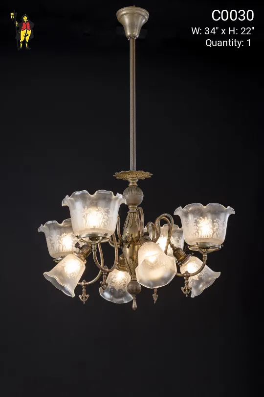 Victorian Chandelier With Frosted Etched Glass Shades