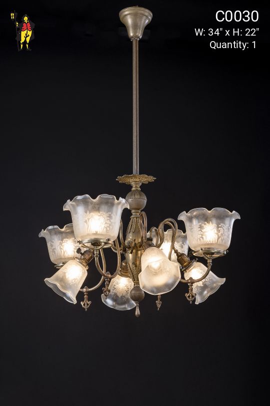 Victorian Chandelier With Frosted Etched Glass Shades