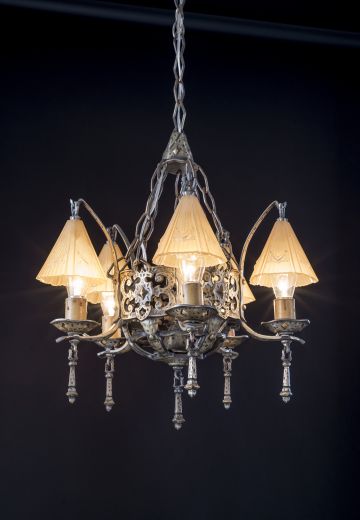 Pewter Arts & Crafts Chandelier w/Amber Glass Reflector Shades